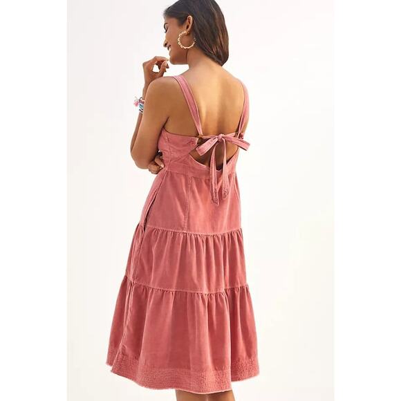 New Anthropologie Pilcro Tiered Corduroy Button Midi Dress Sz 2 $180 Pink Retro - Picture 2 of 4